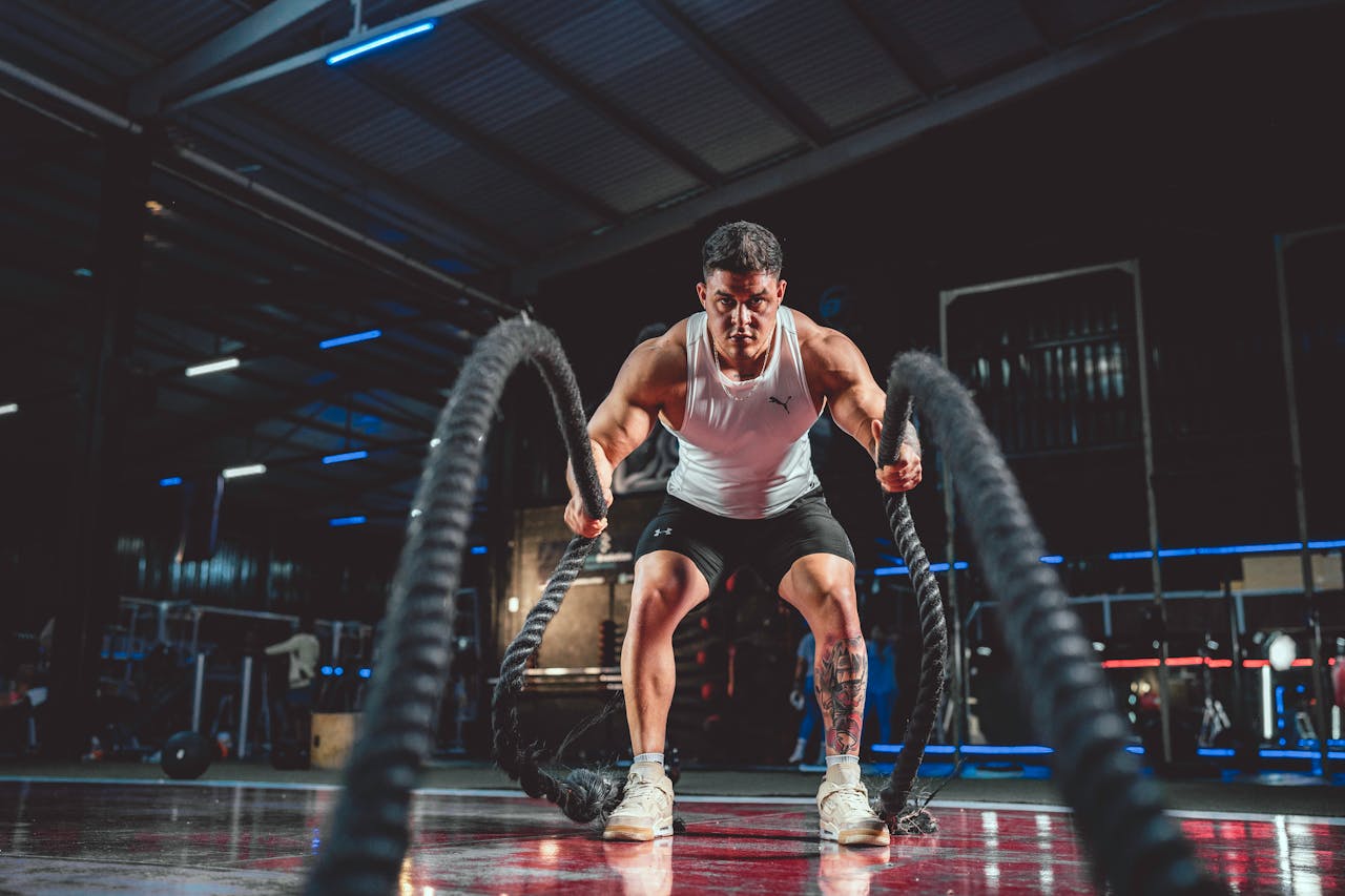 hero-img-01 Focused man in white tank top performing battle rope exercise in a modern gym.